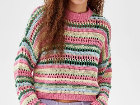 Multicolored Open-Knit Crewneck Sweater