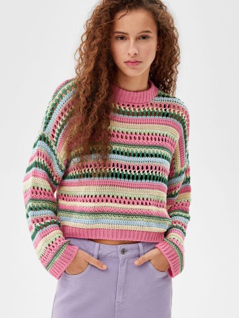 Multicolored Open-Knit Crewneck Sweater