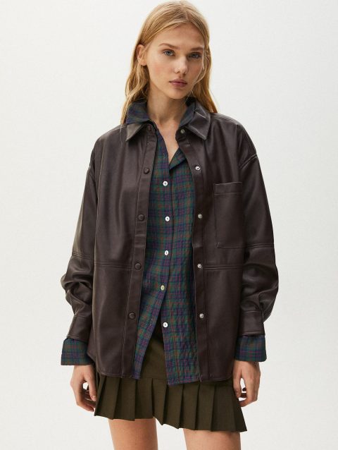 Faux Leather Overshirt With Pocket