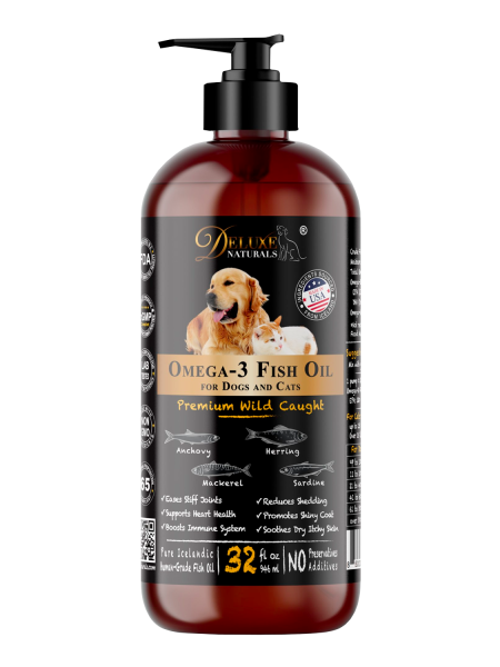 Deluxe Naturals Omega-3 Fish Oil for Dogs and Cats with All Natural Omega-3 EPA DHA Fatty Acids - 32 FL OZ