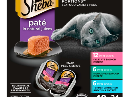 SHEBA Wet Cat Food Pate Variety Pack, Signature Seafood, Delicate Salmon and Tender Whitefish & Tuna Entrees, 2.6 oz. PERFECT PORTIONS Twin-Pack Trays