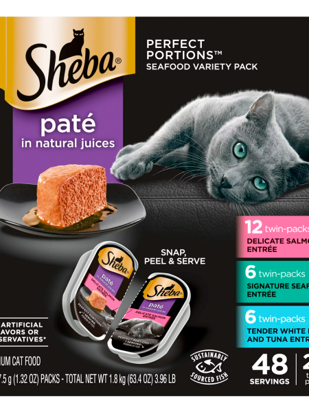 SHEBA Wet Cat Food Pate Variety Pack, Signature Seafood, Delicate Salmon and Tender Whitefish & Tuna Entrees, 2.6 oz. PERFECT PORTIONS Twin-Pack Trays