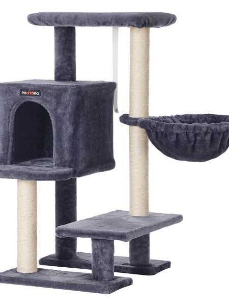 Feandrea Cat Tree, Small Cat Tower, 33.1-Inch Cat Condo with Basket, Cat Cave, Removable Washable Cover for Top Perch, for Small Spaces, Smoky Gray UPCT142G01