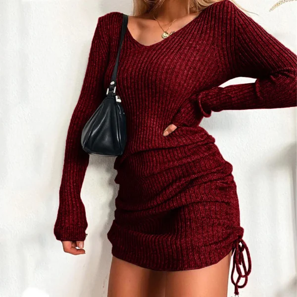 Women'S V Neck Long Sleeves Slim Thin Hip Dress Warm Sweater Sexy Hip Package Club Street Lady Robe Vestido - Image 2