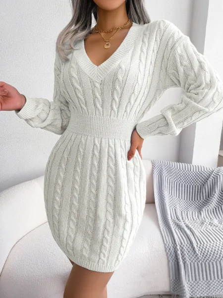 Autumn Winter Knitted Slim Sweater Mini Dresses For Women Long Sleeve V Neck Solid Bandage Blue White Short Dress For Business - Image 4