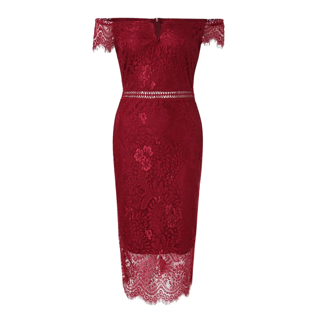 Women'S Dress Solid One Shoulder Short Sleeve Lace Spliced V Neck Mid Waist Hollow Wrap Hip Party Dress - Image 5