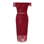 Women'S Dress Solid One Shoulder Short Sleeve Lace Spliced V Neck Mid Waist Hollow Wrap Hip Party Dress - Image 5