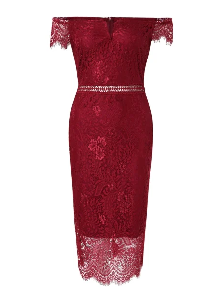 Women'S Dress Solid One Shoulder Short Sleeve Lace Spliced V Neck Mid Waist Hollow Wrap Hip Party Dress - Image 5
