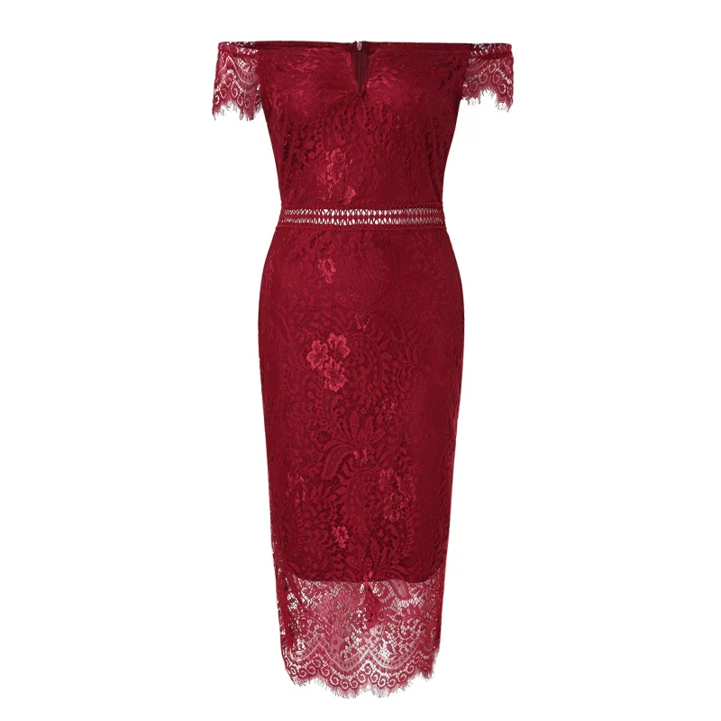 Women'S Dress Solid One Shoulder Short Sleeve Lace Spliced V Neck Mid Waist Hollow Wrap Hip Party Dress - Image 5