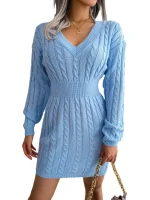 Autumn Winter Knitted Slim Sweater Mini Dresses For Women Long Sleeve V Neck Solid Bandage Blue White Short Dress For Business - Image 6
