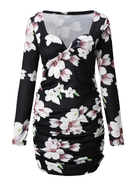 Sexy Low Cut Flower Print Bodycon Mini Dress Spring Autumn Women Elegant Long Sleeve Sweetheart Neck Party Women Short Dresses - Image 4