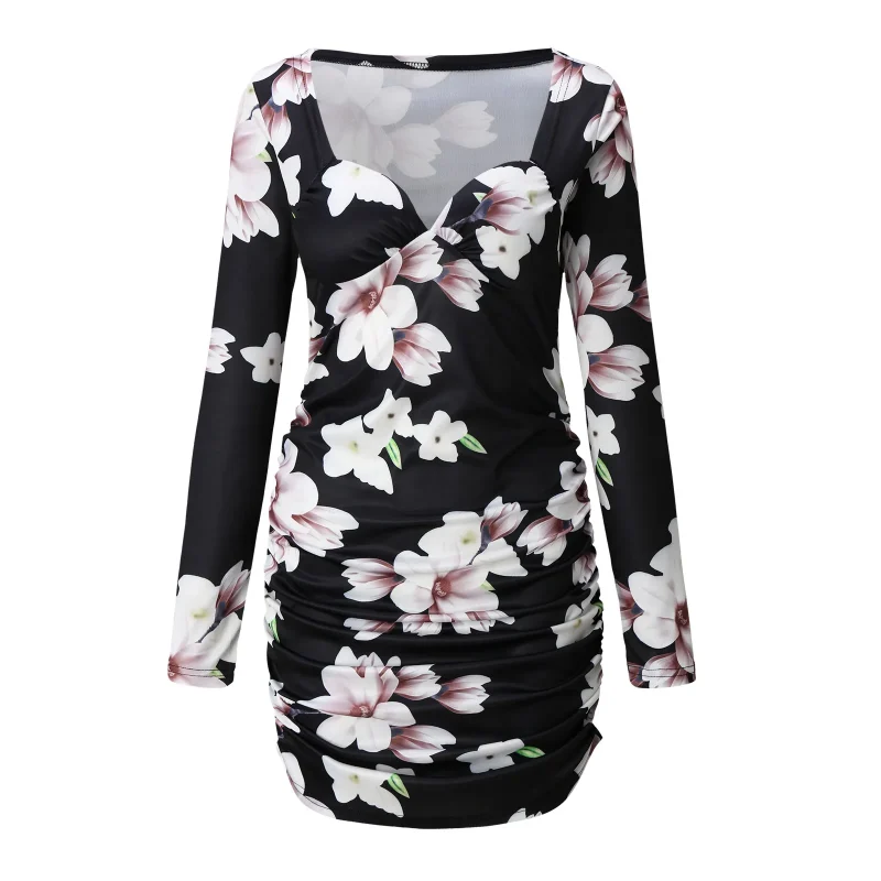 Sexy Low Cut Flower Print Bodycon Mini Dress Spring Autumn Women Elegant Long Sleeve Sweetheart Neck Party Women Short Dresses - Image 4