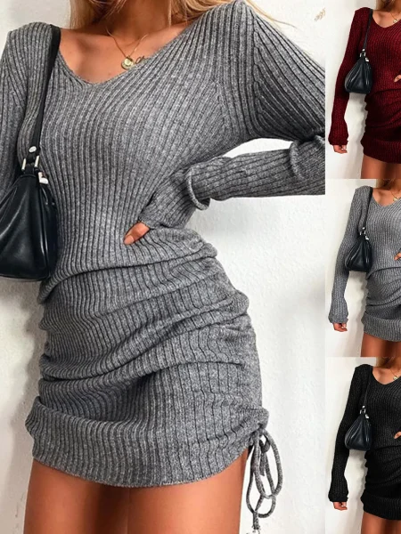 Women'S V Neck Long Sleeves Slim Thin Hip Dress Warm Sweater Sexy Hip Package Club Street Lady Robe Vestido - Image 4