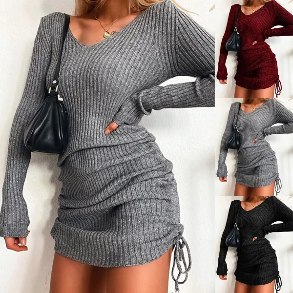 Women'S V Neck Long Sleeves Slim Thin Hip Dress Warm Sweater Sexy Hip Package Club Street Lady Robe Vestido - Image 4