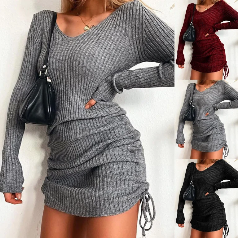 Women'S V Neck Long Sleeves Slim Thin Hip Dress Warm Sweater Sexy Hip Package Club Street Lady Robe Vestido - Image 4