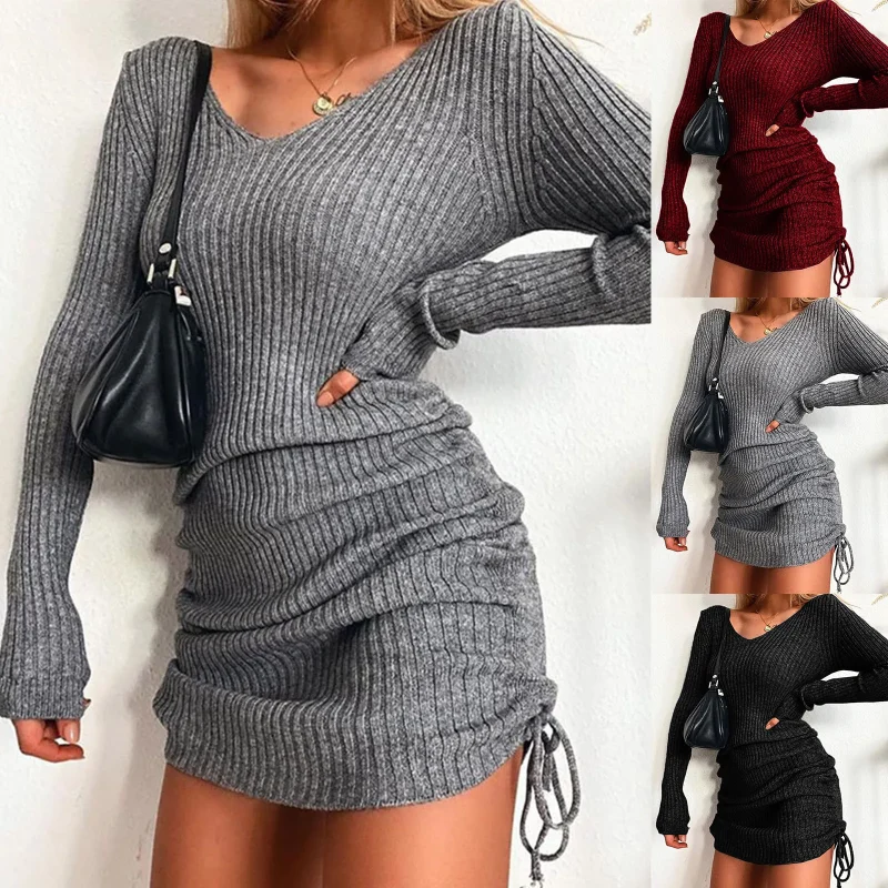 Women'S V Neck Long Sleeves Slim Thin Hip Dress Warm Sweater Sexy Hip Package Club Street Lady Robe Vestido - Image 4