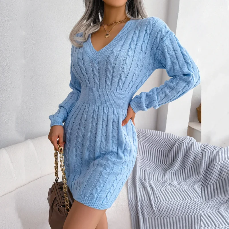 Autumn Winter Knitted Slim Sweater Mini Dresses For Women