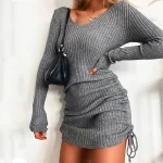Women'S V Neck Long Sleeves Slim Thin Hip Dress Warm Sweater Sexy Hip Package Club Street Lady Robe Vestido