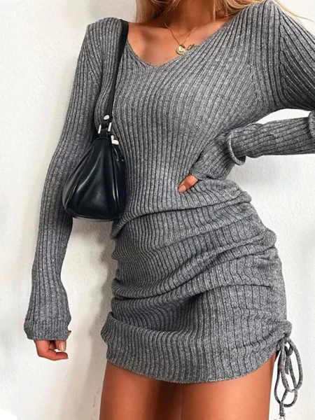 Women'S V Neck Long Sleeves Slim Thin Hip Dress Warm Sweater Sexy Hip Package Club Street Lady Robe Vestido