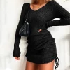 Women'S V Neck Long Sleeves Slim Thin Hip Dress Warm Sweater Sexy Hip Package Club Street Lady Robe Vestido - Image 3