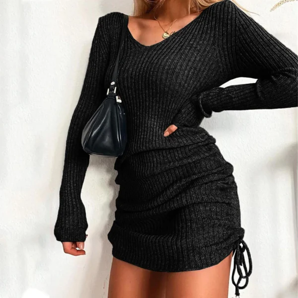 Women'S V Neck Long Sleeves Slim Thin Hip Dress Warm Sweater Sexy Hip Package Club Street Lady Robe Vestido - Image 3