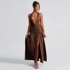 2025 summer new temperament hanging neck V-neck backless pleated slit high waist long dress
