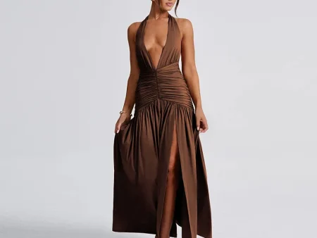 2025 summer new temperament hanging neck V-neck backless pleated slit high waist long dress