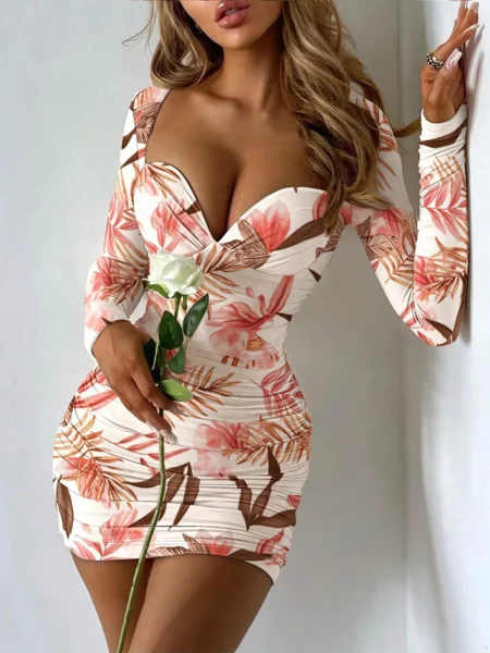 Sexy Low Cut Flower Print Bodycon Mini Dress Spring Autumn Women Elegant Long Sleeve Sweetheart Neck Party Women Short Dresses - Image 3