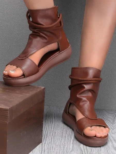 Summer Fashion Women Sandals New Retro Soft PU Leather Ladies Cool Boots Fish Mouth Sandals Wedges Mid Heels Shoe Sandalias - Image 5