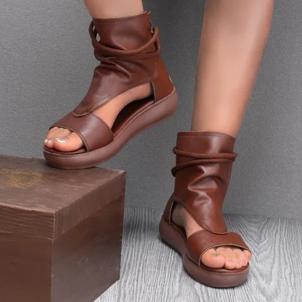 Summer Fashion Women Sandals New Retro Soft PU Leather Ladies Cool Boots Fish Mouth Sandals Wedges Mid Heels Shoe Sandalias - Image 5
