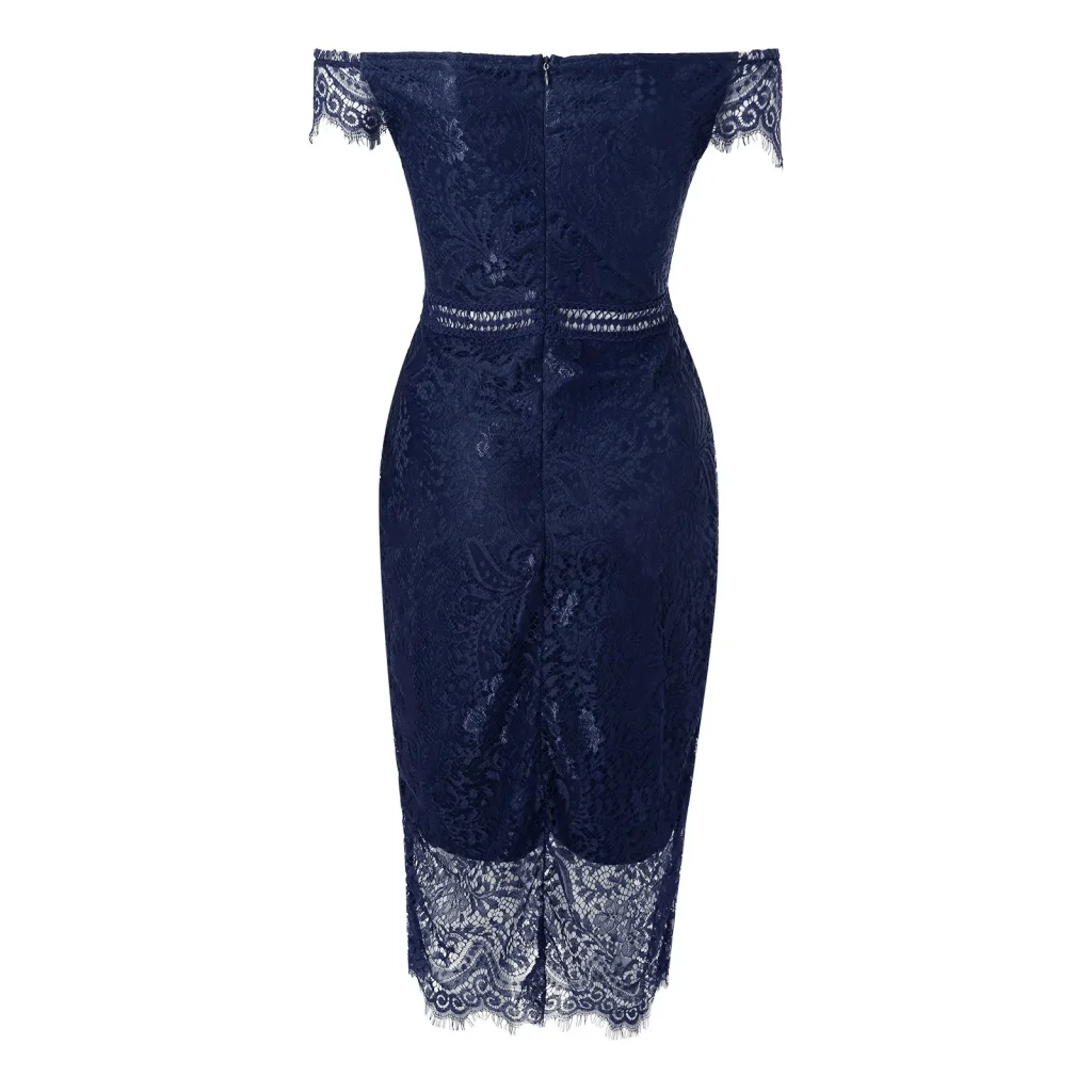 Women'S Dress Solid One Shoulder Short Sleeve Lace Spliced V Neck Mid Waist Hollow Wrap Hip Party Dress - Image 4