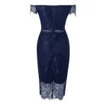 Women'S Dress Solid One Shoulder Short Sleeve Lace Spliced V Neck Mid Waist Hollow Wrap Hip Party Dress - Image 4