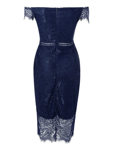 Women'S Dress Solid One Shoulder Short Sleeve Lace Spliced V Neck Mid Waist Hollow Wrap Hip Party Dress - Image 4