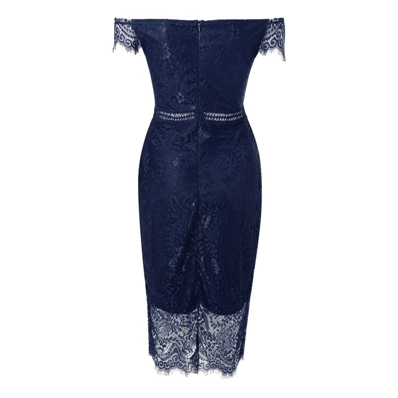 Women'S Dress Solid One Shoulder Short Sleeve Lace Spliced V Neck Mid Waist Hollow Wrap Hip Party Dress - Image 4