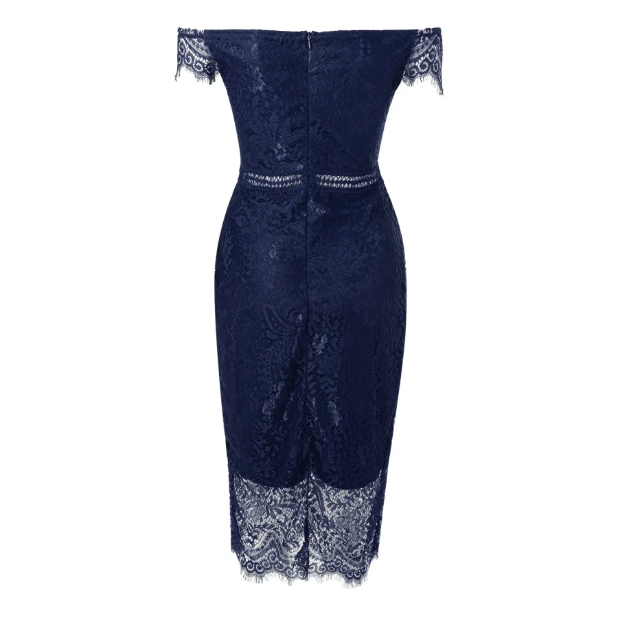 Women'S Dress Solid One Shoulder Short Sleeve Lace Spliced V Neck Mid Waist Hollow Wrap Hip Party Dress - Image 4