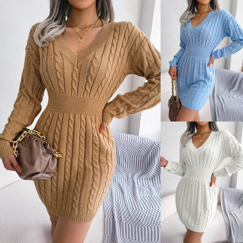 Autumn Winter Knitted Slim Sweater Mini Dresses For Women - Image 2