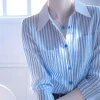 Korean super beautiful and unique beautiful blue and white striped Polo collar shirt for women in 2025 new style for women light luxury high-end
