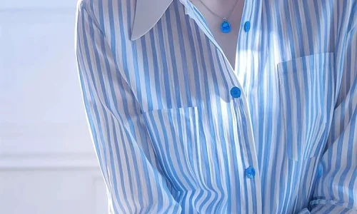 Korean super beautiful and unique beautiful blue and white striped Polo collar shirt for women in 2025 new style for women light luxury high-end