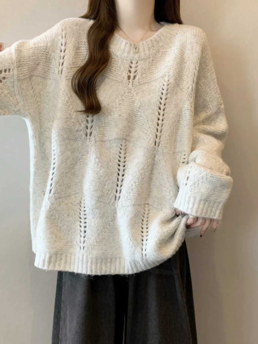 设计感镂空针织衫毛衣大码女装2025早春装新款胖mm宽松慵懒风上衣