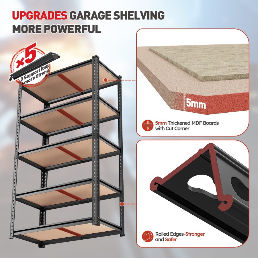 2000LBS Garage Shelving Storage Shelves Heavy Duty Shelving 5 Tier Metal Shelving Units For Garage Shelves 72"H X35.5"W X 15.8"D, Adjustable Metal Shelving Unit For Garage Shelves Utility Rack Shelf For Basement Pantry Closet Shelves, Black, Utility Shelves - Image 8
