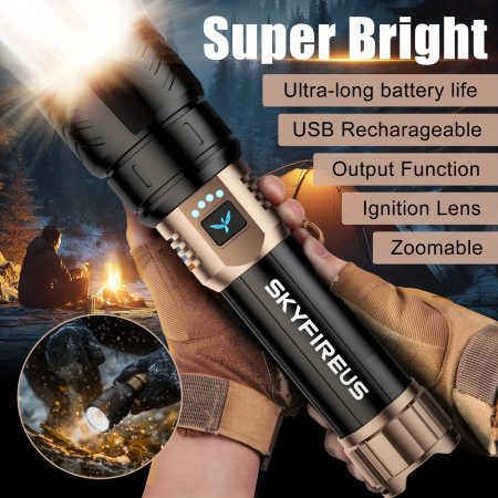 SKYFIRE LED Flashlight High Lumens, Super Bright Rechargeable Flashlight With Ignition Lens, Zoomable, Four Modes, Flash Light For Camping Essentials, Outdoor And Home