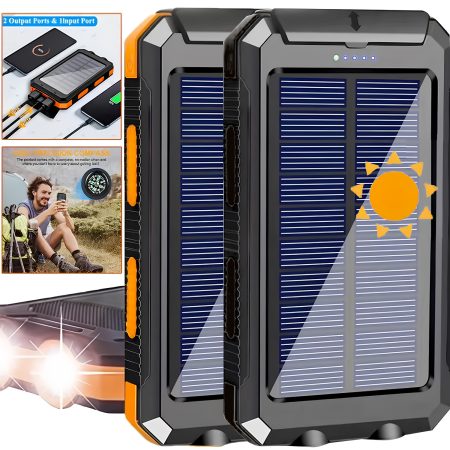 Portable Solar Mobile Phone Charger, Camping External Battery Charger For Mobile Phones, 2 USB/ LED Flashlights With Compass For Outdoor Activities, 15800/20000mAh Portable Solar Power Bank