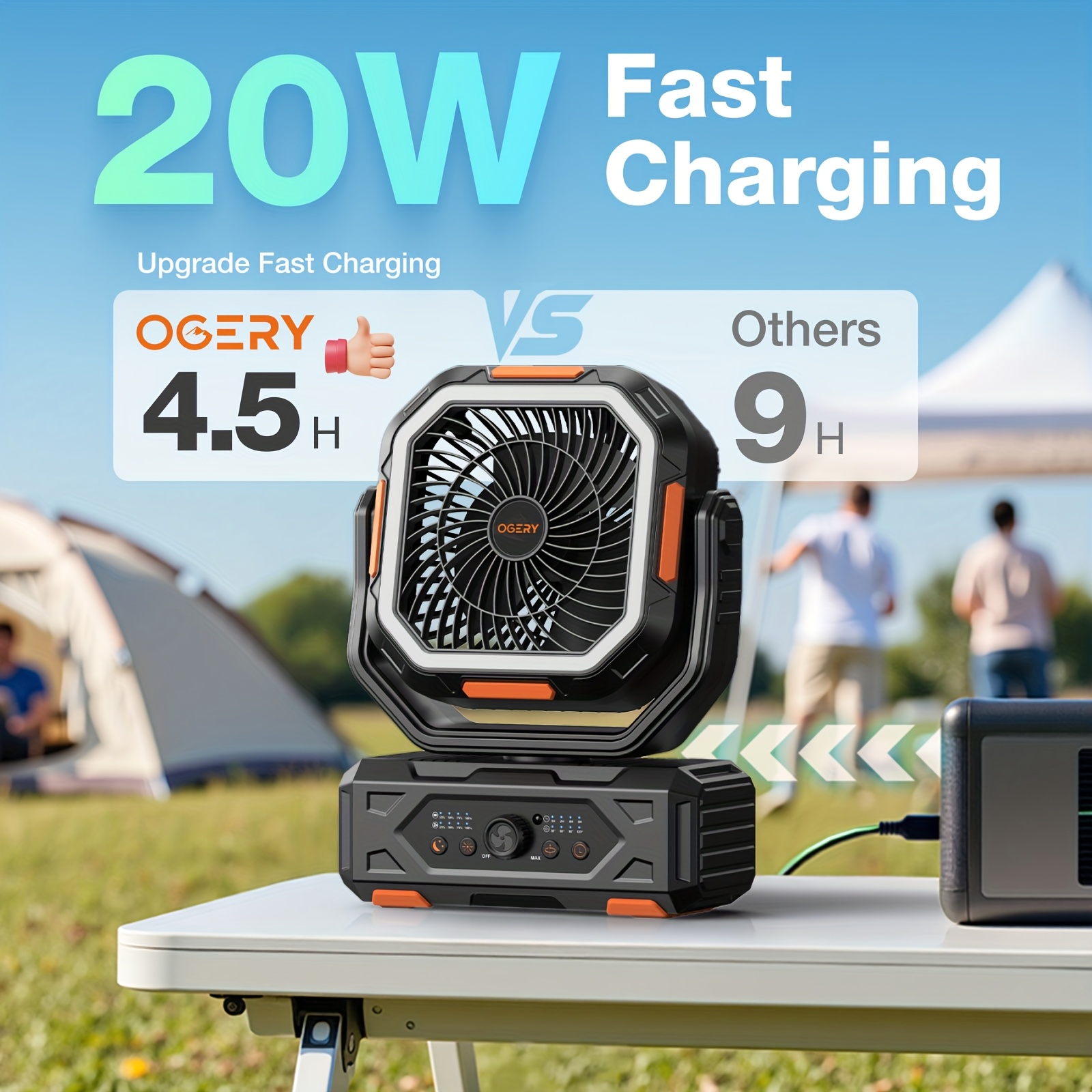 20000mAh Portable Camping Fan with Remote, LED Lantern, Oscillation & 4-Speed Quiet Operation - USB Dual Charging Ports, LED Light, Long-Lasting Lithium Battery for Camping, Travel, Home, Emergency - Lightweight & Stable Base for Tent, Car, Office - Ideal Power Outage Backup