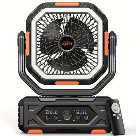 20000mAh Portable Camping Fan with Remote, LED Lantern, Oscillation & 4-Speed Quiet Operation - USB Dual Charging Ports, LED Light, Long-Lasting Lithium Battery for Camping, Travel, Home, Emergency - Lightweight & Stable Base for Tent, Car, Office - Ideal Power Outage Backup
