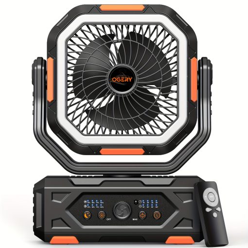 20000mAh Portable Camping Fan with Remote, LED Lantern, Oscillation & 4-Speed Quiet Operation - USB Dual Charging Ports, LED Light, Long-Lasting Lithium Battery for Camping, Travel, Home, Emergency - Lightweight & Stable Base for Tent, Car, Office - Ideal Power Outage Backup