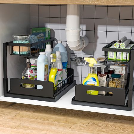 2-Tier Under Sink Organizer, Slide-Out Pull-Out Cabinet Storage Shelf, Metal Sliding Drawer for Kitchen Bathroom Pantry Closet Organization Rack (1-Pack/2-Pack), Pull-Out Organizers