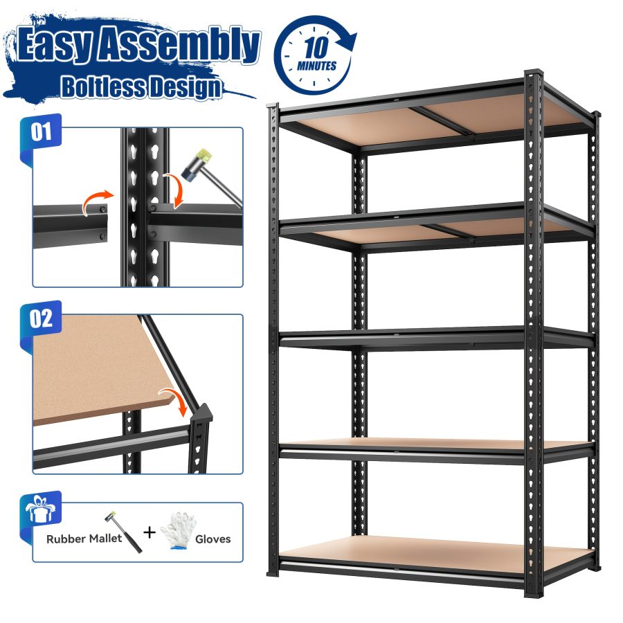 2000LBS Garage Shelving Storage Shelves Heavy Duty Shelving 5 Tier Metal Shelving Units For Garage Shelves 72"H X35.5"W X 15.8"D, Adjustable Metal Shelving Unit For Garage Shelves Utility Rack Shelf For Basement Pantry Closet Shelves, Black, Utility Shelves - Image 10