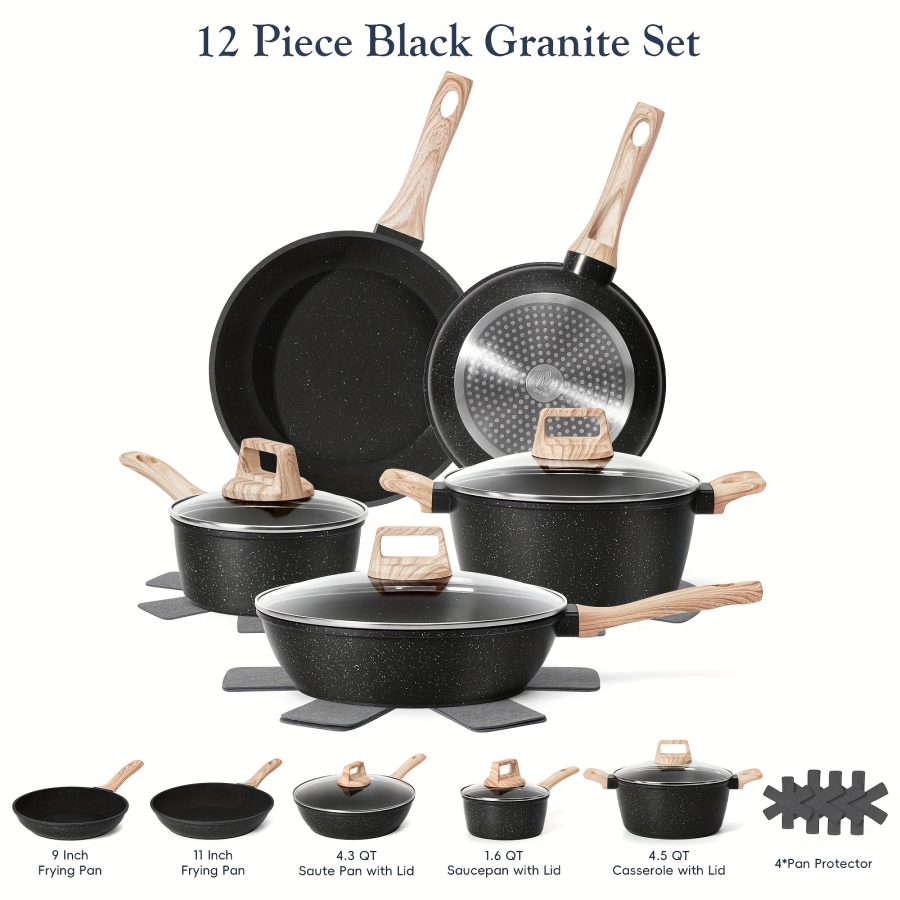 12/5 POTS And Pans Set, Non-stick Cookware Set, Induction Cookware Non-stick Granite Cooking Set, Including Frying Pan, Pan, Steamer, Silicone Spatula And Tongs, Father'S Day Gifts - Image 3