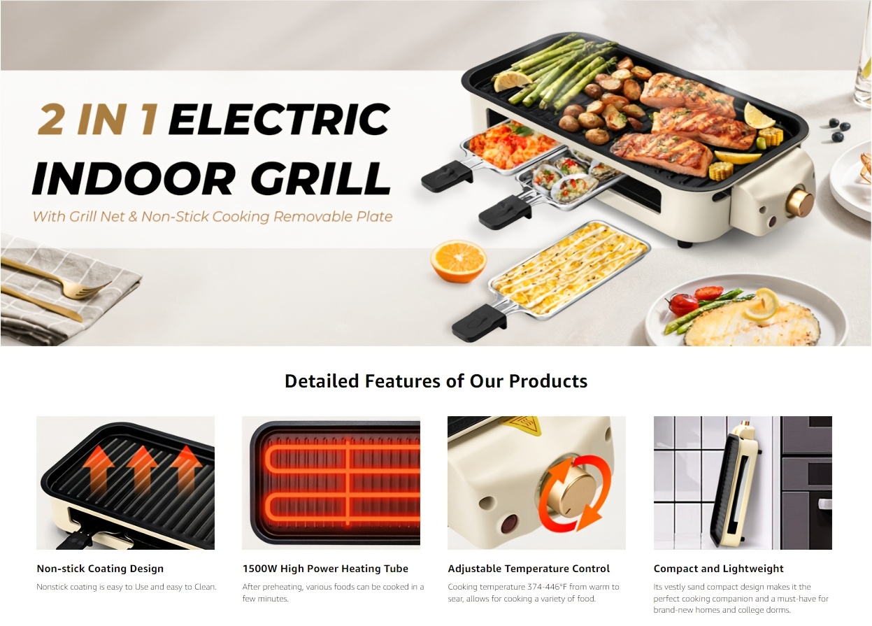 [Smokeless Electric Grill] Smokeless Electric Grill | Indoor Grill with Removable Non-Stick Plate, 1500W, Portable BBQ Grill, Electric Griddle, Dishwasher Safe, Hot Pot - Perfect Gift for Christmas, Kitchen Must Haves, Best Quality Items, Gifts, Gift Ideas, Cooking