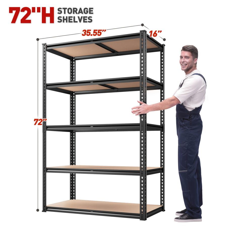 2000LBS Garage Shelving Storage Shelves Heavy Duty Shelving 5 Tier Metal Shelving Units For Garage Shelves 72"H X35.5"W X 15.8"D, Adjustable Metal Shelving Unit For Garage Shelves Utility Rack Shelf For Basement Pantry Closet Shelves, Black, Utility Shelves - Image 3
